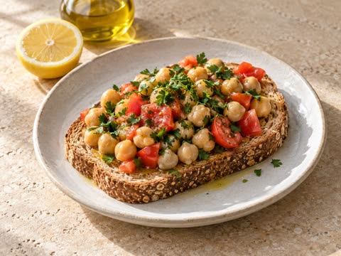 Chickpea and tomato toast on a plate
