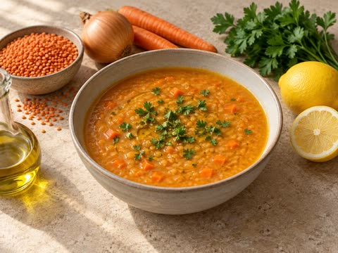 Red lentil soup in a stoneware bowl, lemons and parsley beside it