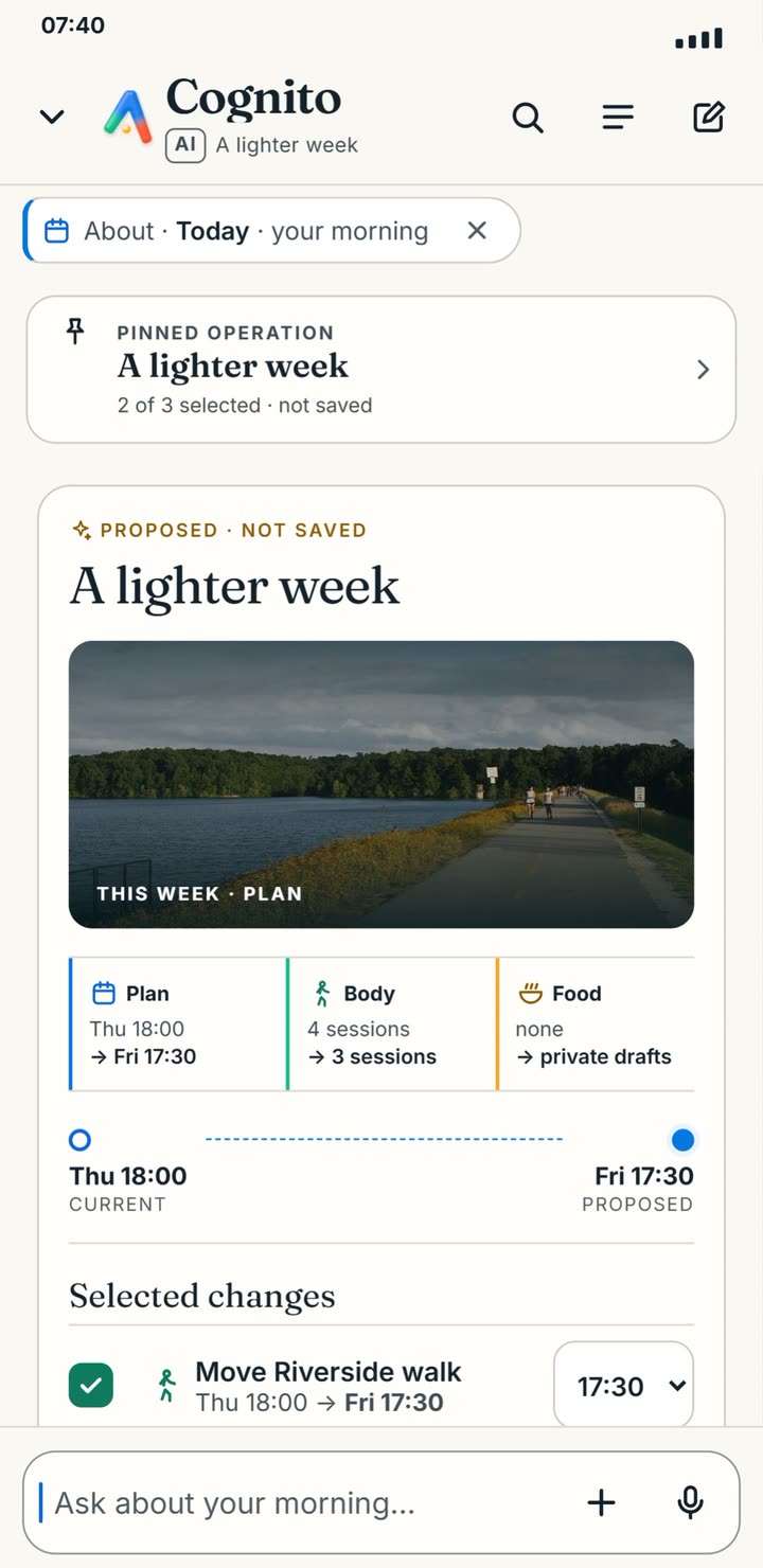Cognito, labelled AI, proposes A lighter week: Plan Thu 18:00 to Fri 17:30, Body 4 sessions to 3, proposed and not saved, with the selected changes to confirm